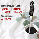 TERMÓMETRO DIGITAL COCINA, BEBIDAS, POSTRES, JALEAS, ETC.; RANGO DE TEMPERATURA: -50 °C A + 300 °C - O -58 °F A + 572 °F; RESOLUCIÓN: 0,1 °C O 0,1 °F; PRECISIÓN: ± 1 °C O ± 1 °F MARCA IMPORTACIÓN