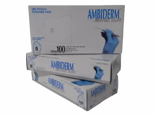 [GN001] GUANTES DE NITRILO; COLOR AZUL, BAJO EN POLVO, TALLAS CHICO, CAJA 100 PIEZAS, MARCA AMBIDERM