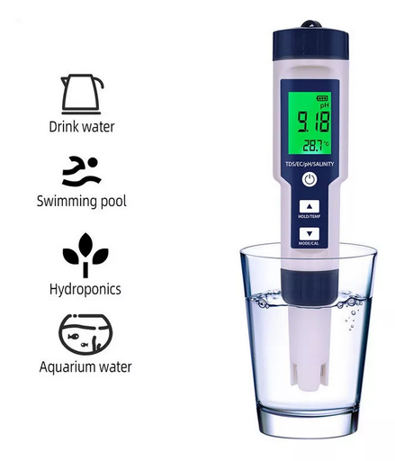 [PH111BL] MEDIDOR DIGITAL 5 EN 1, PARA pH, EC, TDS, SALINIDAD Y TEMPERATURA; INCLUYE BUFFER EN POLVO; MARCA IMPORTACIÓN