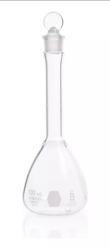 [28015-100] MATRAZ VOLUMÉTRICO CLASE B; TAPÓN DE VIDRIO; CAPACIDAD 100 ml; FABRICADO EN VIDRIO BORO-SILICATO; MARCA KIMAX®
